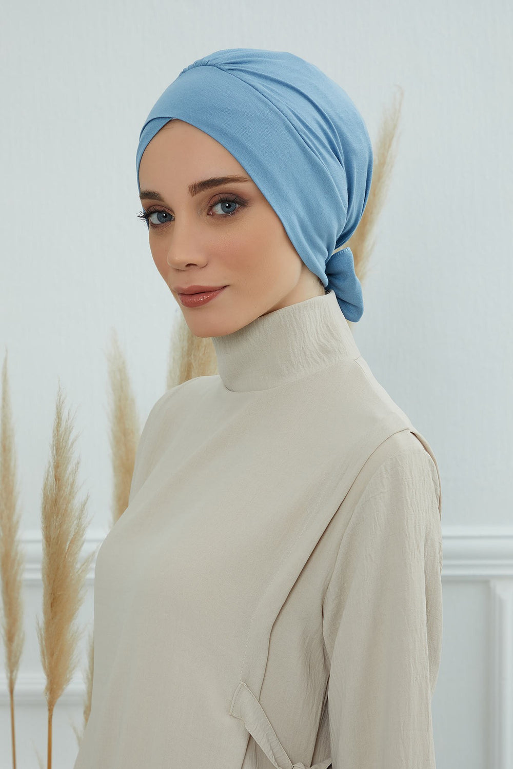Plain Instant Turban Cotton Scarf Head Wrap, Belted Turban Bonnet for Women, Chic Design Instant Turban Hijab, Plain Chemo Bonnet Cap,B-31 Blue