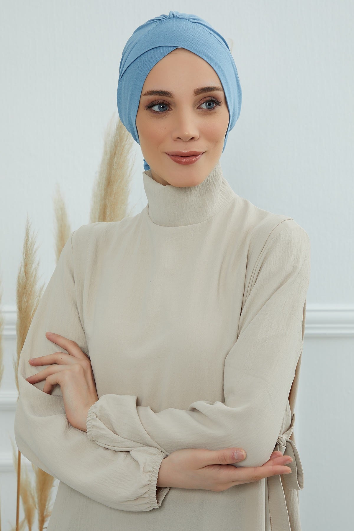 Plain Instant Turban Cotton Scarf Head Wrap, Belted Turban Bonnet for Women, Chic Design Instant Turban Hijab, Plain Chemo Bonnet Cap,B-31 Blue