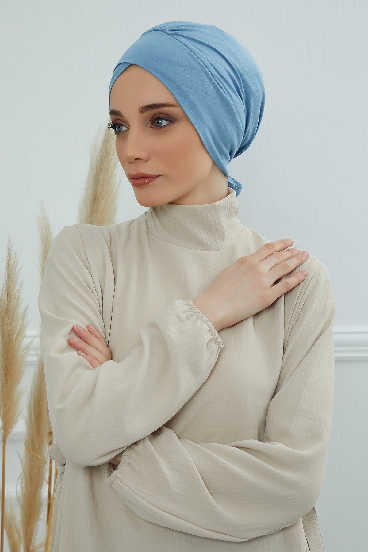 Plain Instant Turban Cotton Scarf Head Wrap, Belted Turban Bonnet for Women, Chic Design Instant Turban Hijab, Plain Chemo Bonnet Cap,B-31 Blue