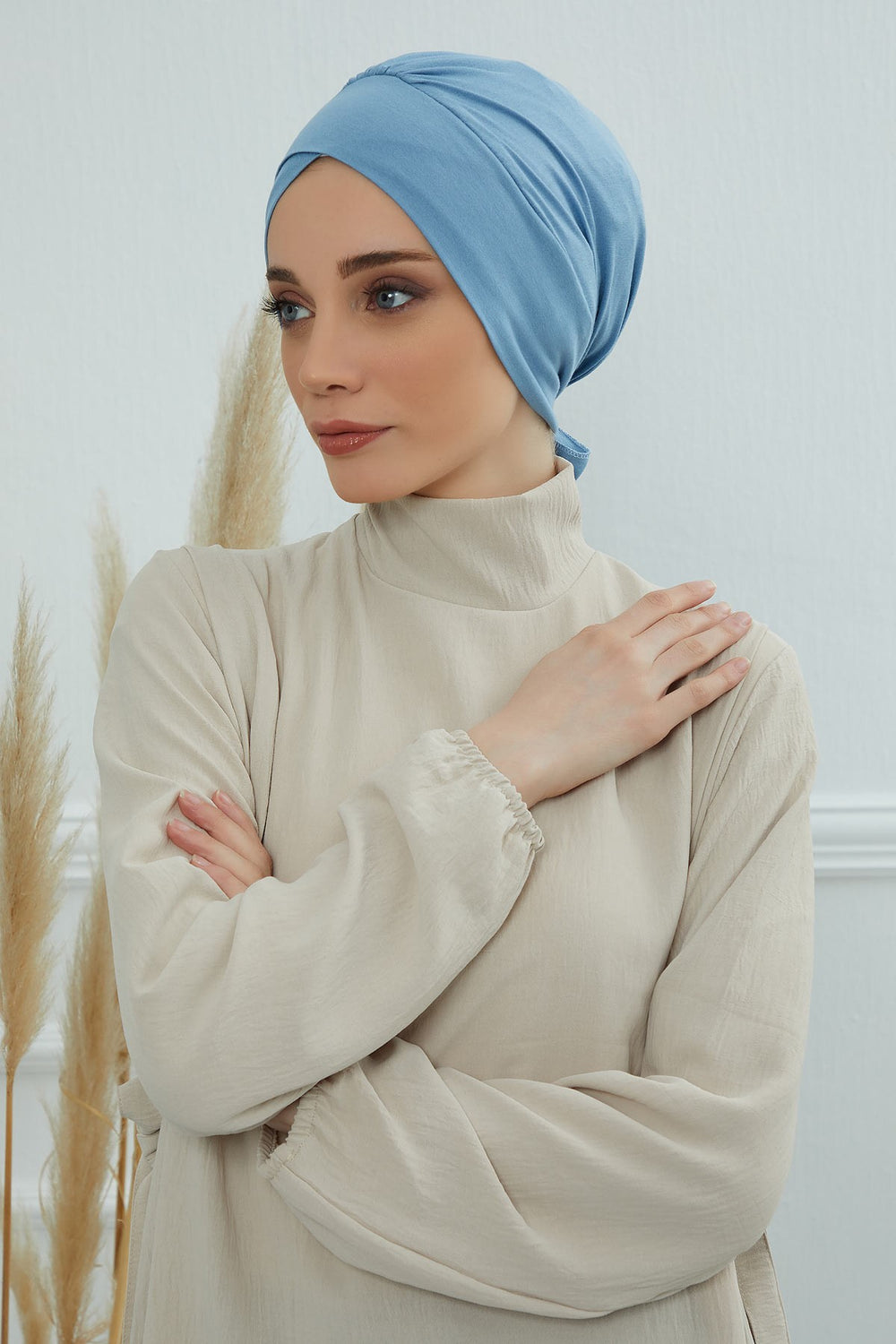 Plain Instant Turban Cotton Scarf Head Wrap, Belted Turban Bonnet for Women, Chic Design Instant Turban Hijab, Plain Chemo Bonnet Cap,B-31 Blue