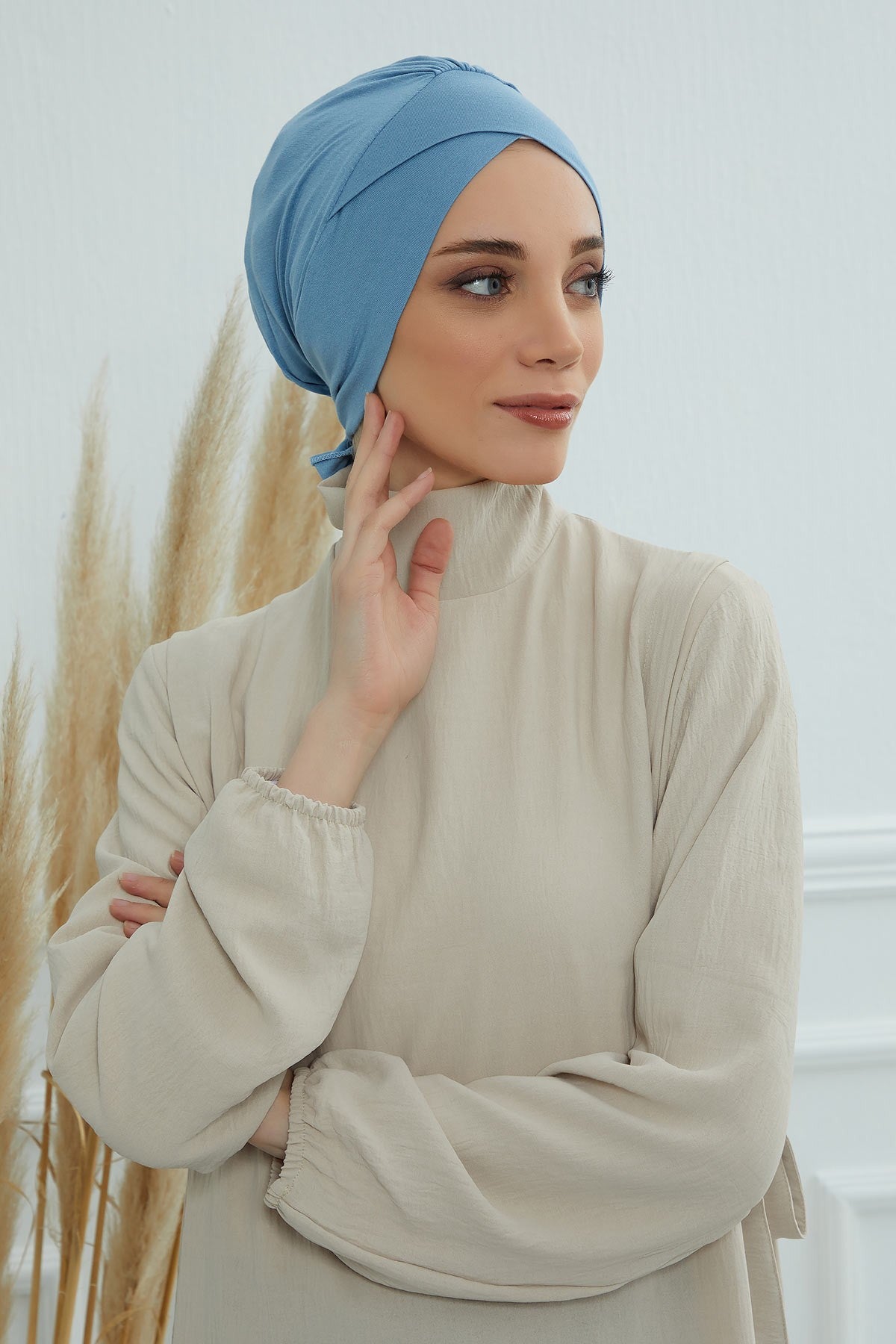 Plain Instant Turban Cotton Scarf Head Wrap, Belted Turban Bonnet for Women, Chic Design Instant Turban Hijab, Plain Chemo Bonnet Cap,B-31 Blue