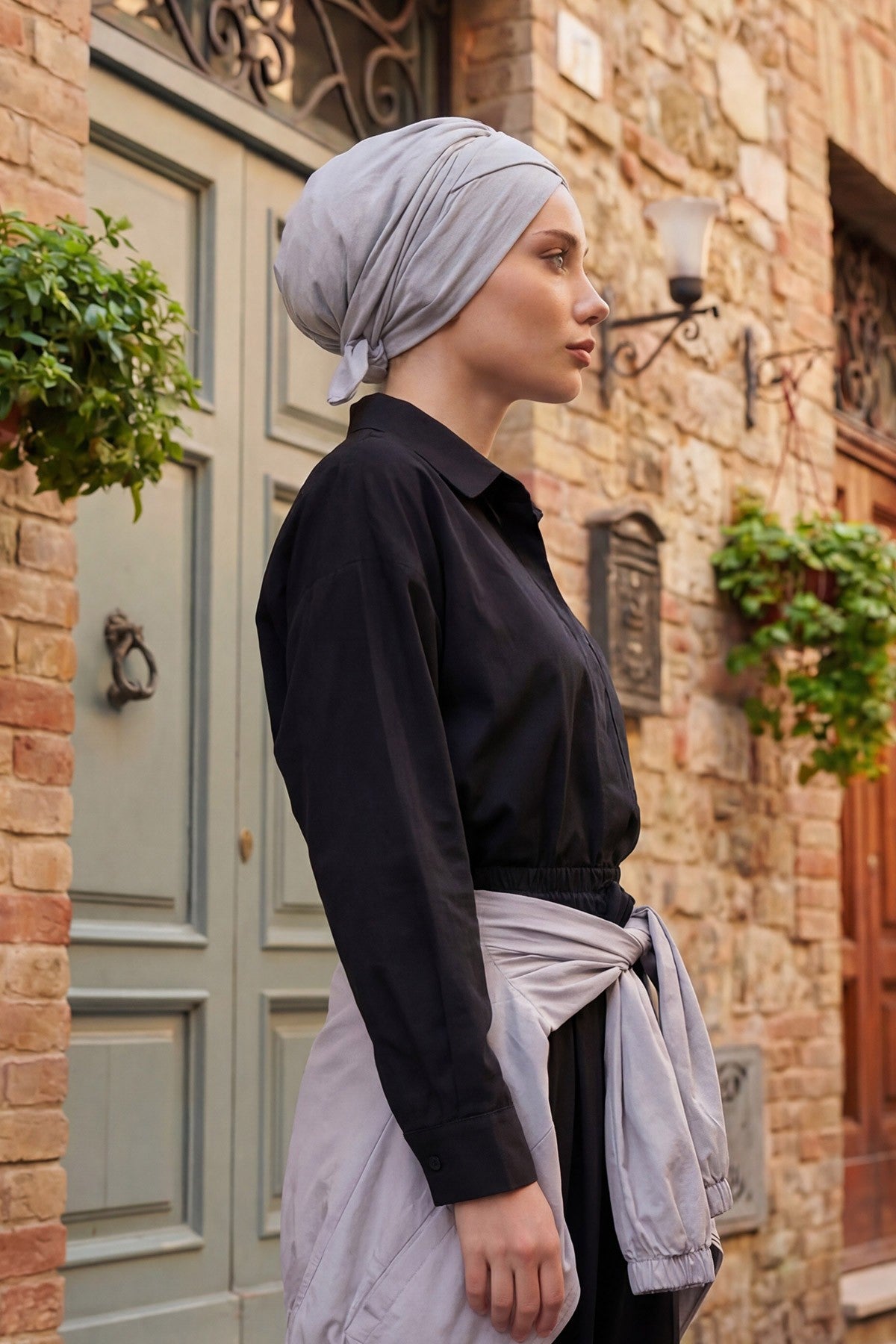 Plain Instant Turban Cotton Scarf Head Wrap, Belted Turban Bonnet for Women, Chic Design Instant Turban Hijab, Plain Chemo Bonnet Cap,B-31 Grey 2