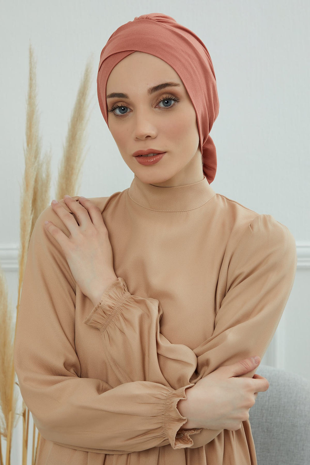 Plain Instant Turban Cotton Scarf Head Wrap, Belted Turban Bonnet for Women, Chic Design Instant Turban Hijab, Plain Chemo Bonnet Cap,B-31 Salmon