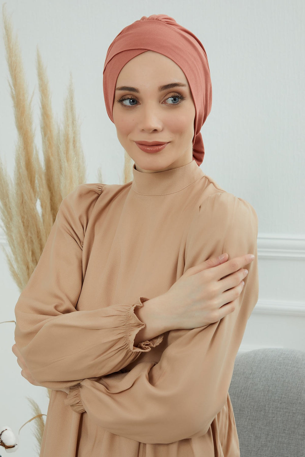 Plain Instant Turban Cotton Scarf Head Wrap, Belted Turban Bonnet for Women, Chic Design Instant Turban Hijab, Plain Chemo Bonnet Cap,B-31 Salmon