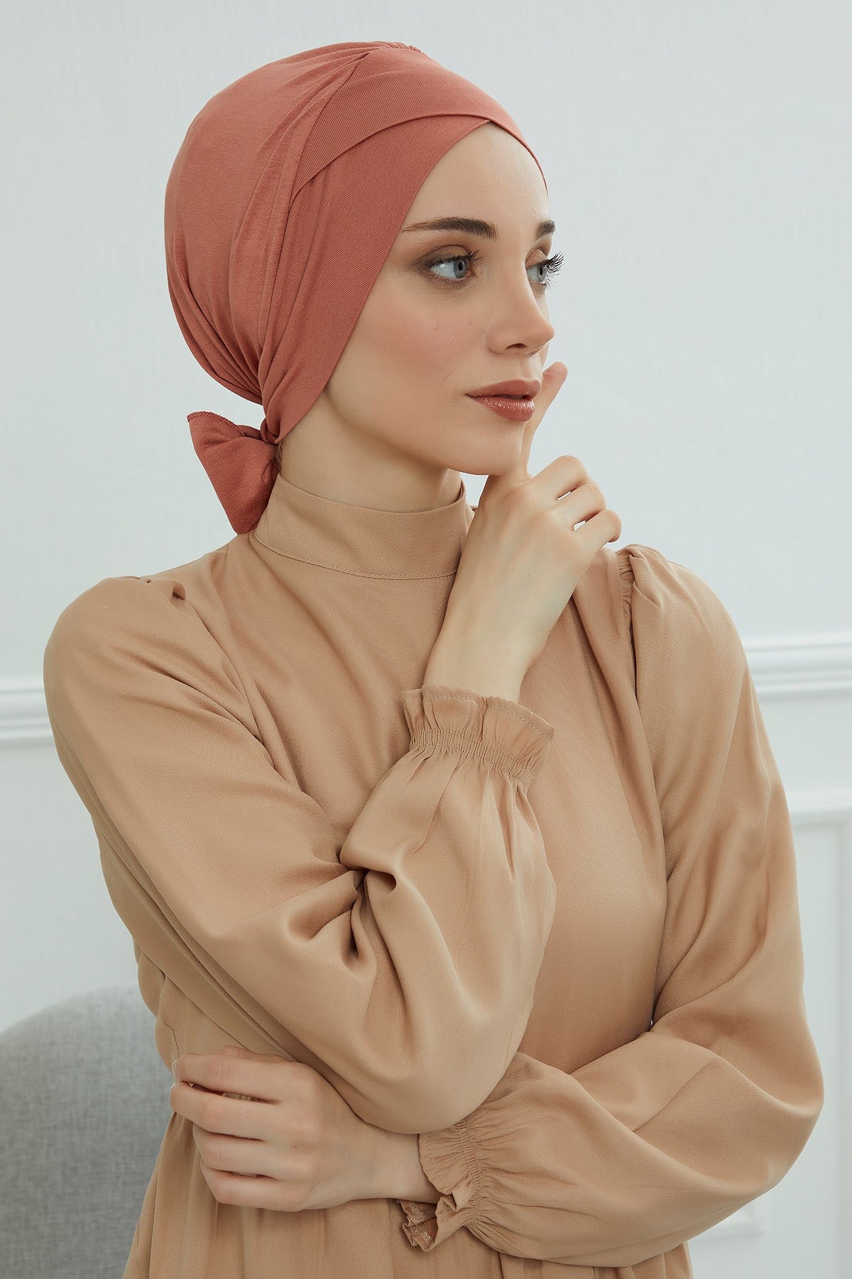Plain Instant Turban Cotton Scarf Head Wrap, Belted Turban Bonnet for Women, Chic Design Instant Turban Hijab, Plain Chemo Bonnet Cap,B-31 Salmon