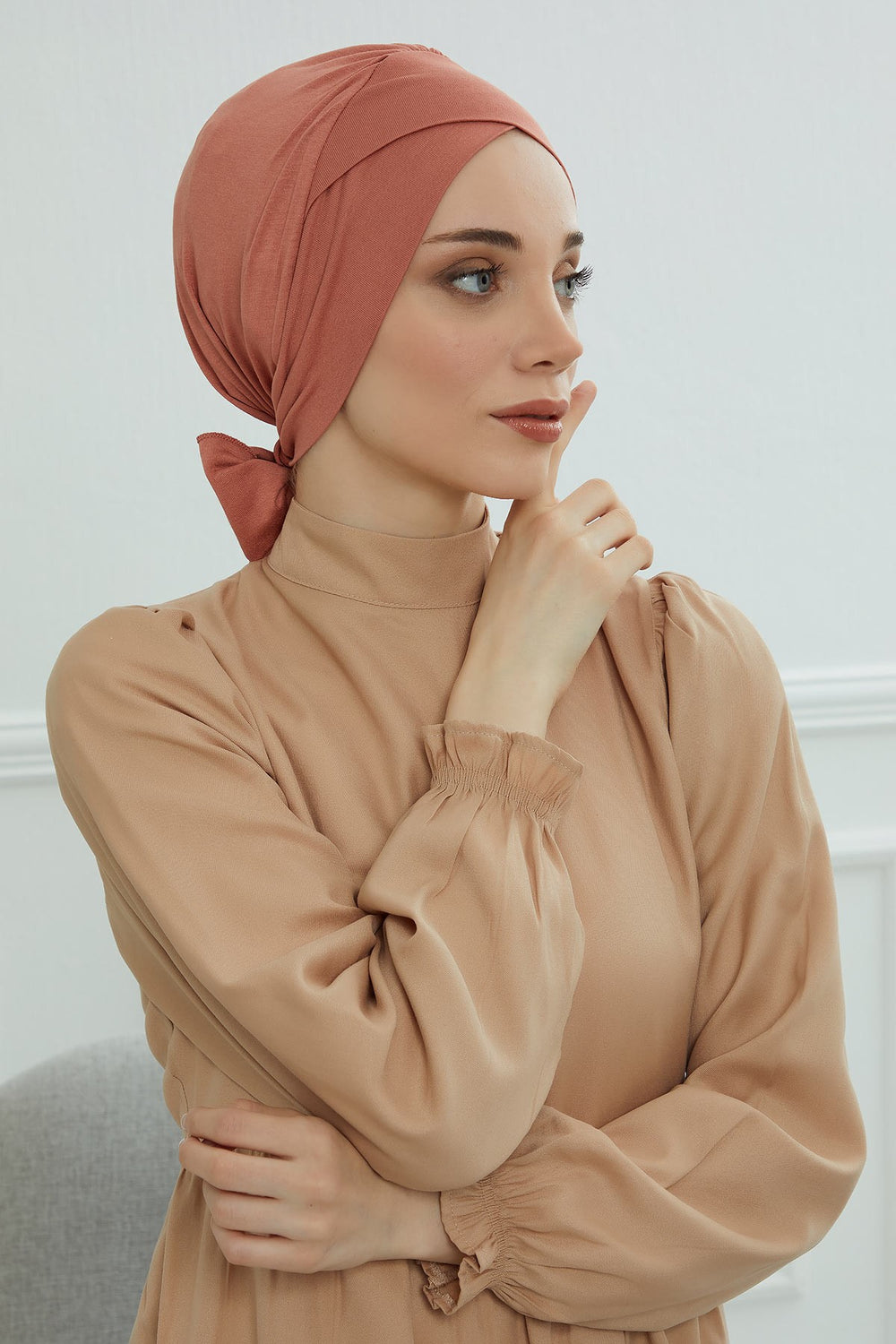 Plain Instant Turban Cotton Scarf Head Wrap, Belted Turban Bonnet for Women, Chic Design Instant Turban Hijab, Plain Chemo Bonnet Cap,B-31 Salmon