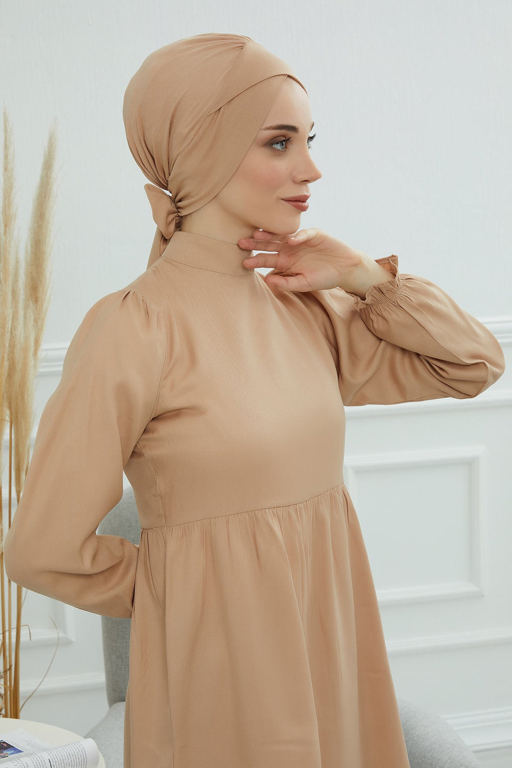 Plain Instant Turban Cotton Scarf Head Wrap, Belted Turban Bonnet for Women, Chic Design Instant Turban Hijab, Plain Chemo Bonnet Cap,B-31 Sand Brown