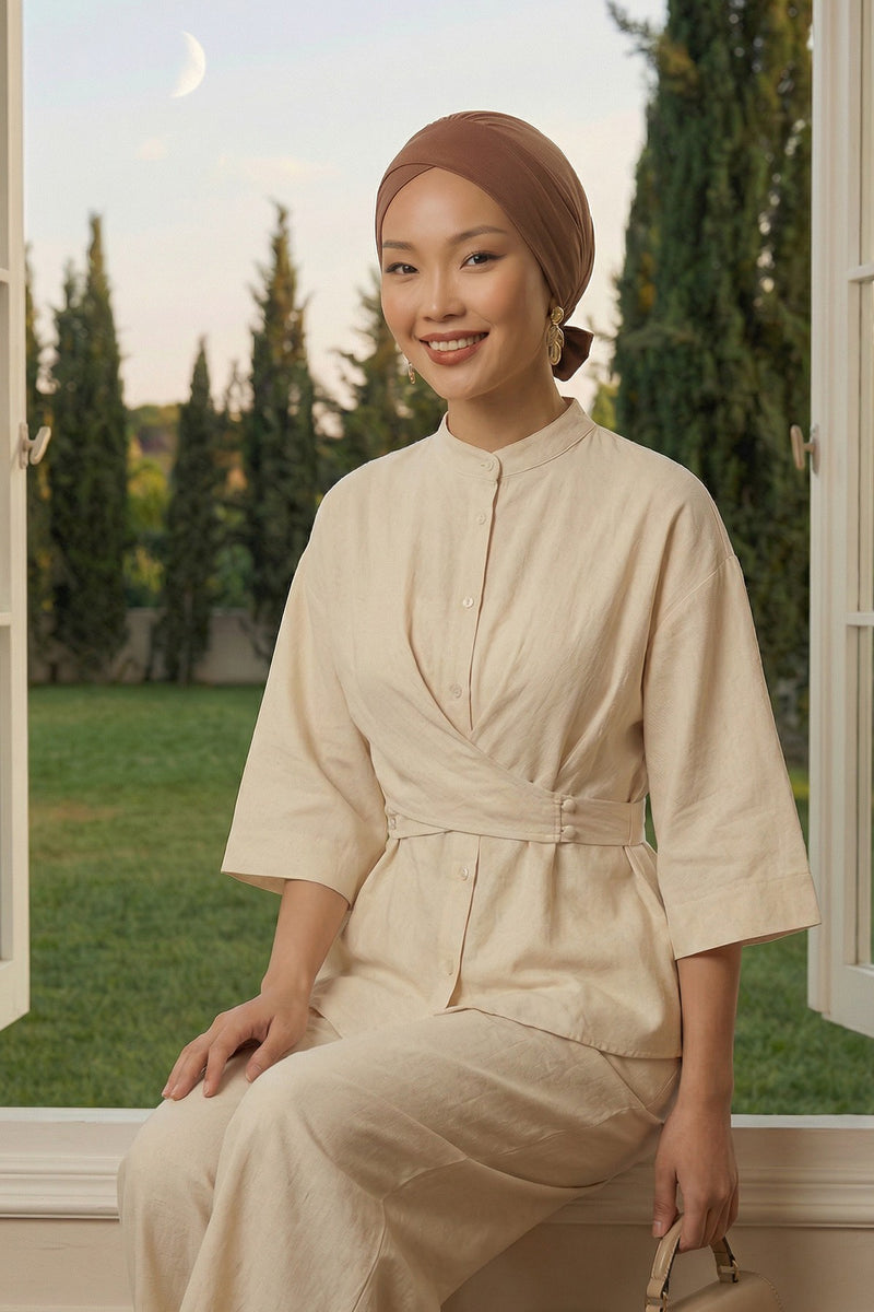 وشاح عمامة قطني سادة فوري للرأس، غطاء رأس عمامة بحزام للنساء، حجاب عمامة فوري بتصميم أنيق، قبعة بونيه كيميائي سادة، B-31