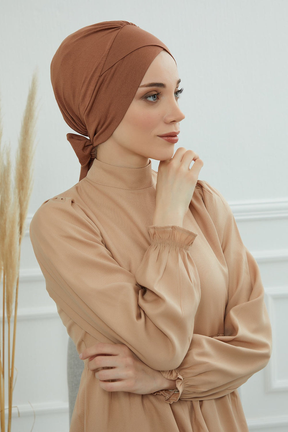 Plain Instant Turban Cotton Scarf Head Wrap, Belted Turban Bonnet for Women, Chic Design Instant Turban Hijab, Plain Chemo Bonnet Cap,B-31 Caramel Brown