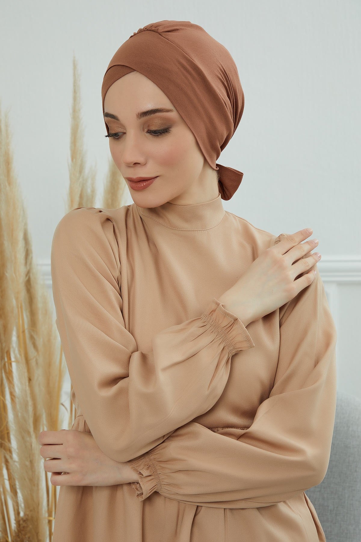Plain Instant Turban Cotton Scarf Head Wrap, Belted Turban Bonnet for Women, Chic Design Instant Turban Hijab, Plain Chemo Bonnet Cap,B-31 Caramel Brown
