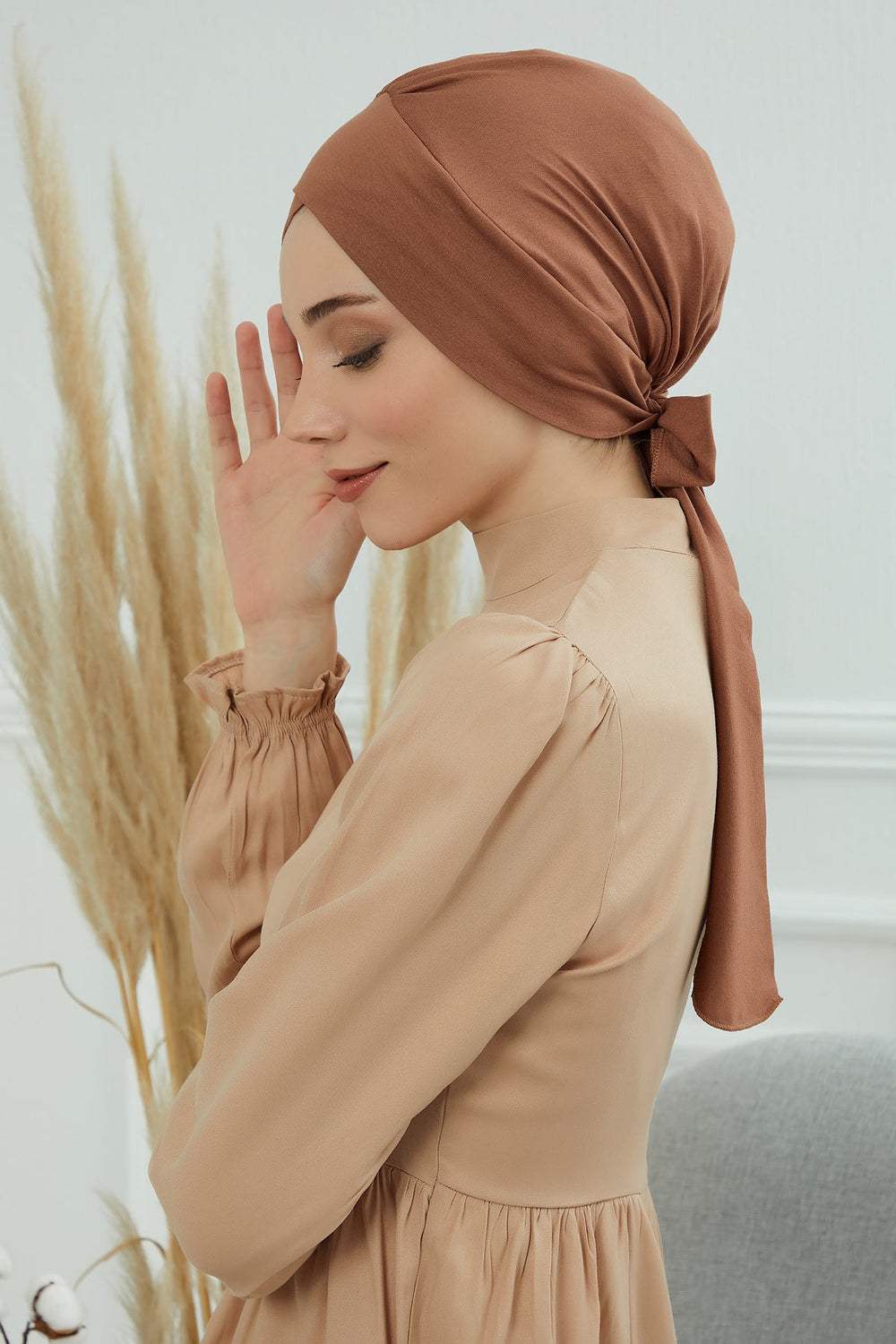 Plain Instant Turban Cotton Scarf Head Wrap, Belted Turban Bonnet for Women, Chic Design Instant Turban Hijab, Plain Chemo Bonnet Cap,B-31 Caramel Brown