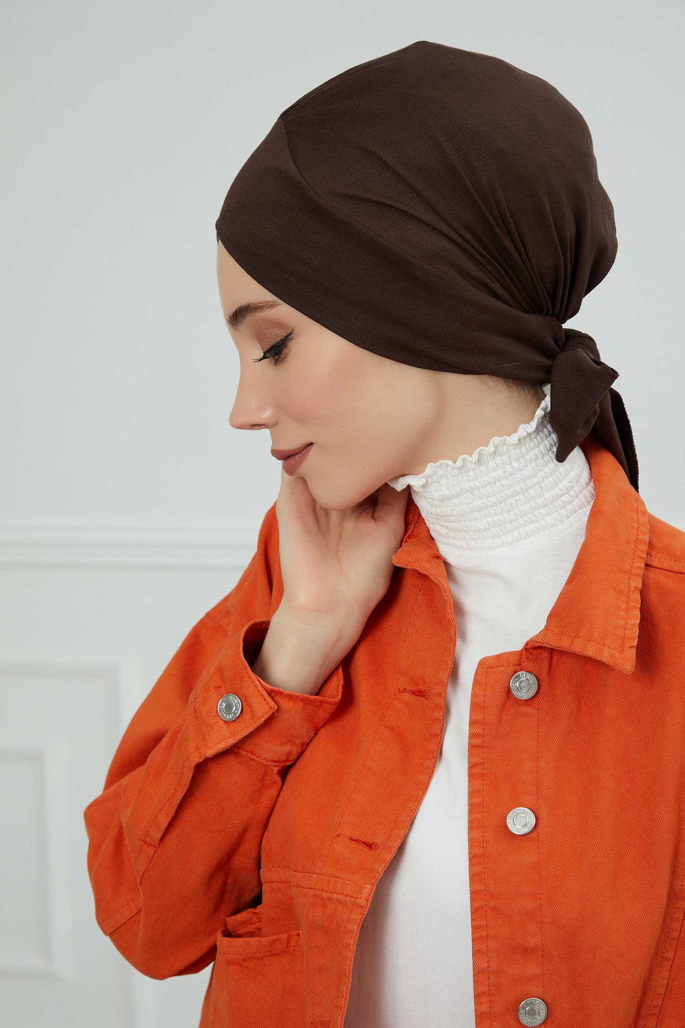 Plain Instant Turban Cotton Scarf Head Wrap, Belted Turban Bonnet for Women, Chic Design Instant Turban Hijab, Plain Chemo Bonnet Cap,B-31 Brown