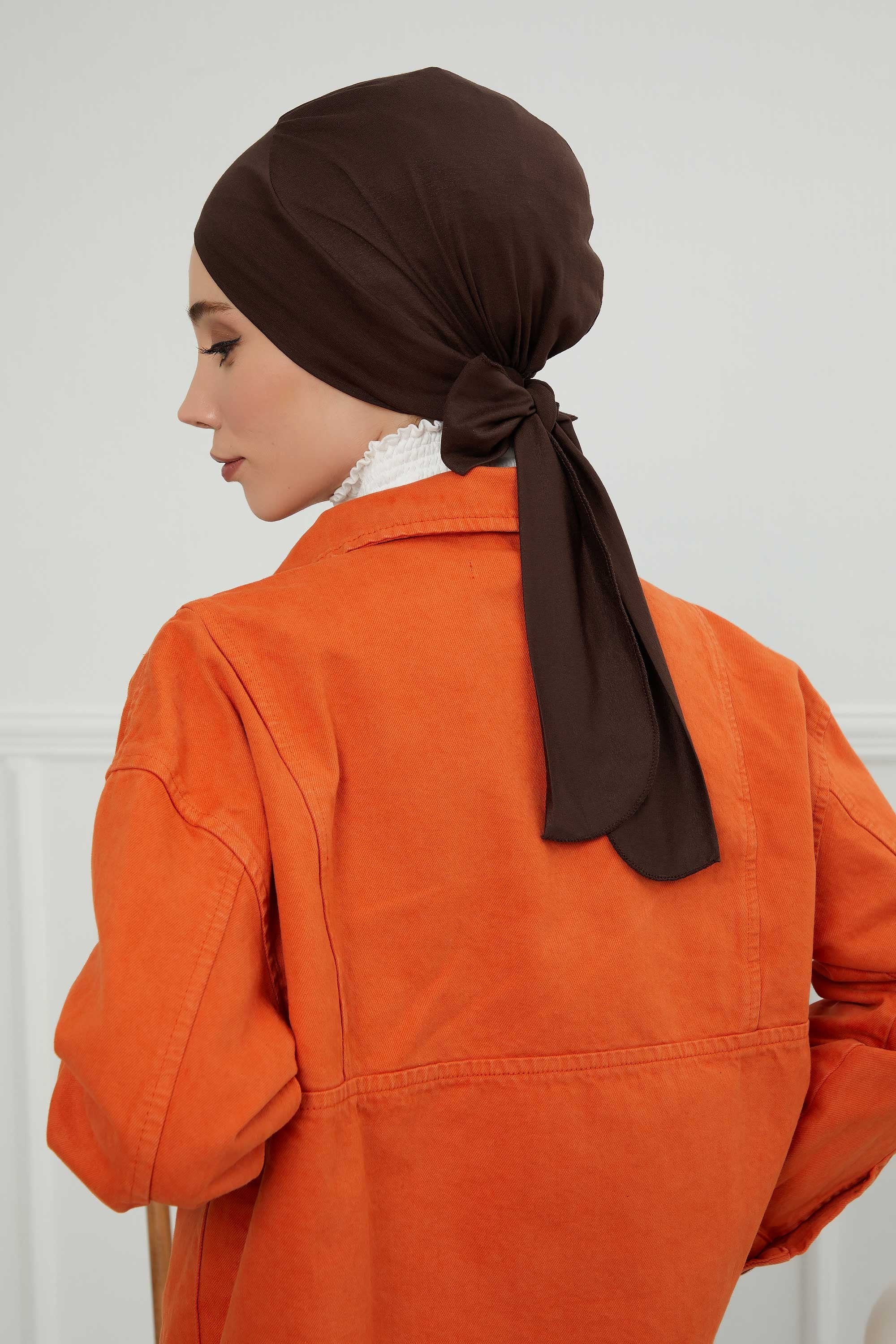 Plain Instant Turban Cotton Scarf Head Wrap, Belted Turban Bonnet for Women, Chic Design Instant Turban Hijab, Plain Chemo Bonnet Cap,B-31 Brown