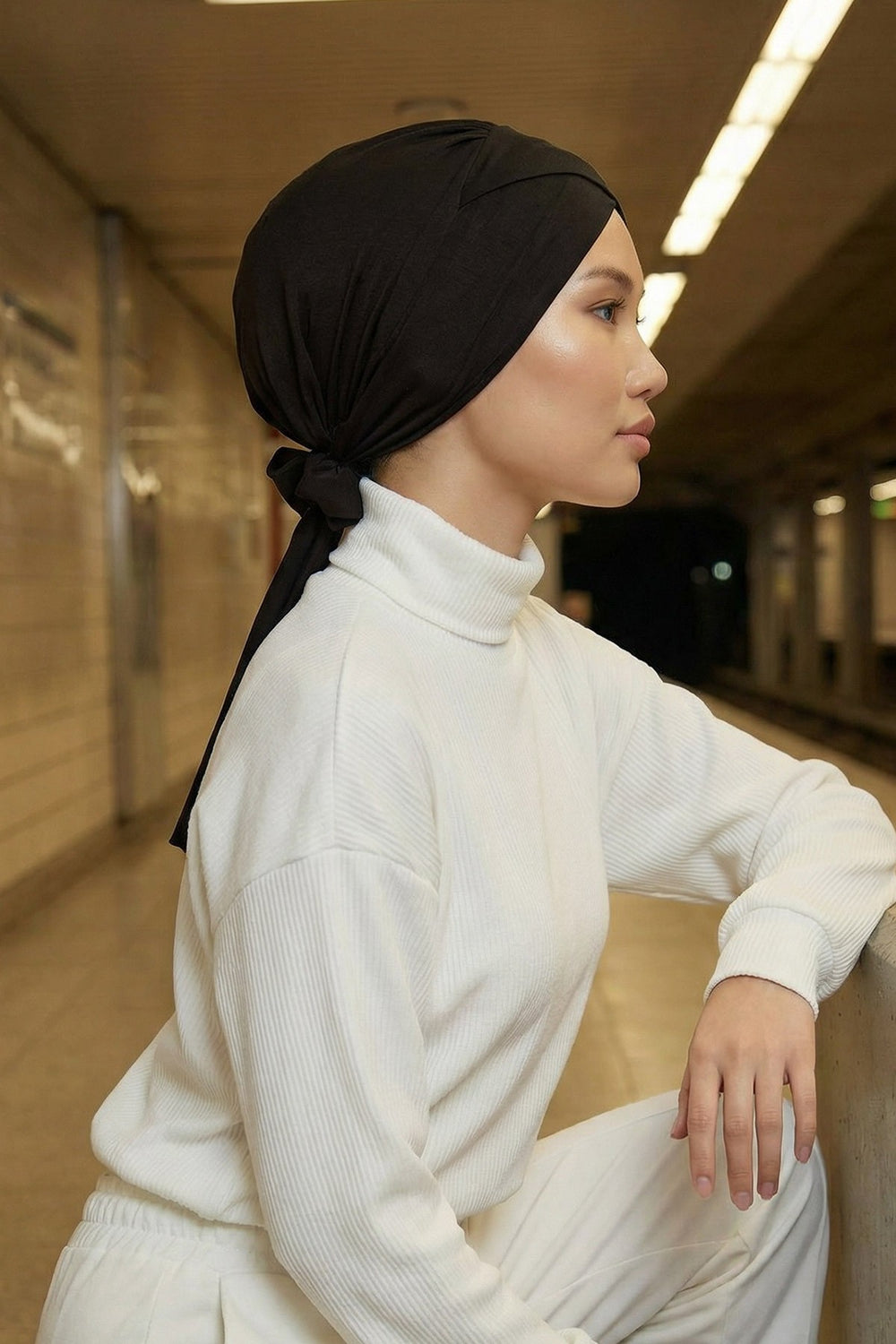 Plain Instant Turban Cotton Scarf Head Wrap, Belted Turban Bonnet for Women, Chic Design Instant Turban Hijab, Plain Chemo Bonnet Cap,B-31 Black