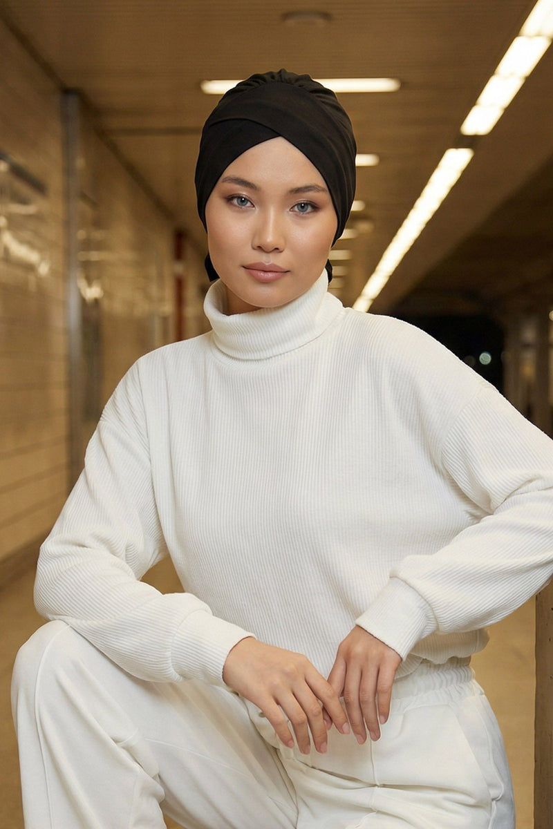 وشاح عمامة قطني سادة فوري للرأس، غطاء رأس عمامة بحزام للنساء، حجاب عمامة فوري بتصميم أنيق، قبعة بونيه كيميائي سادة، B-31