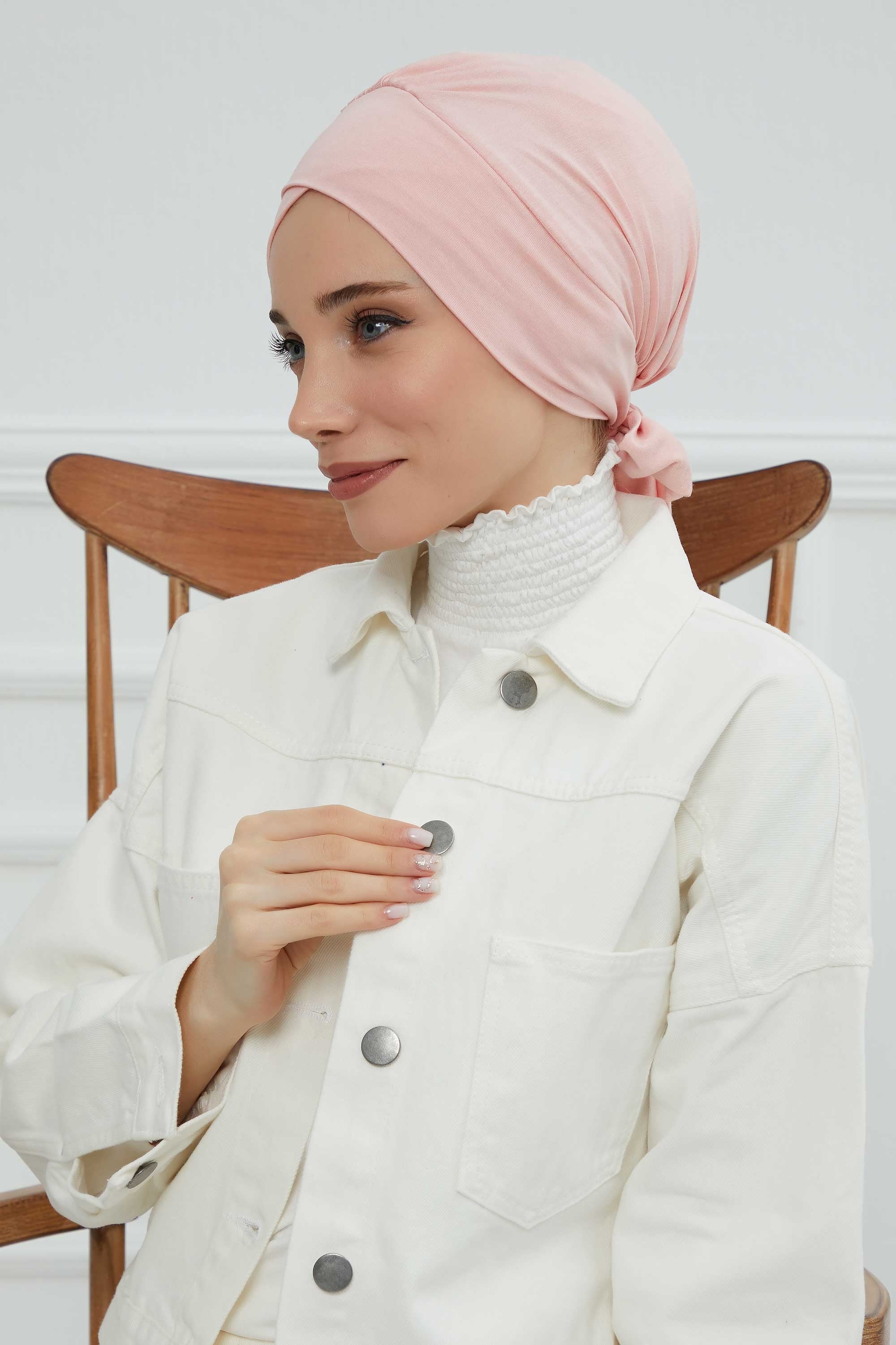 Plain Instant Turban Cotton Scarf Head Wrap, Belted Turban Bonnet for Women, Chic Design Instant Turban Hijab, Plain Chemo Bonnet Cap,B-31 Powder