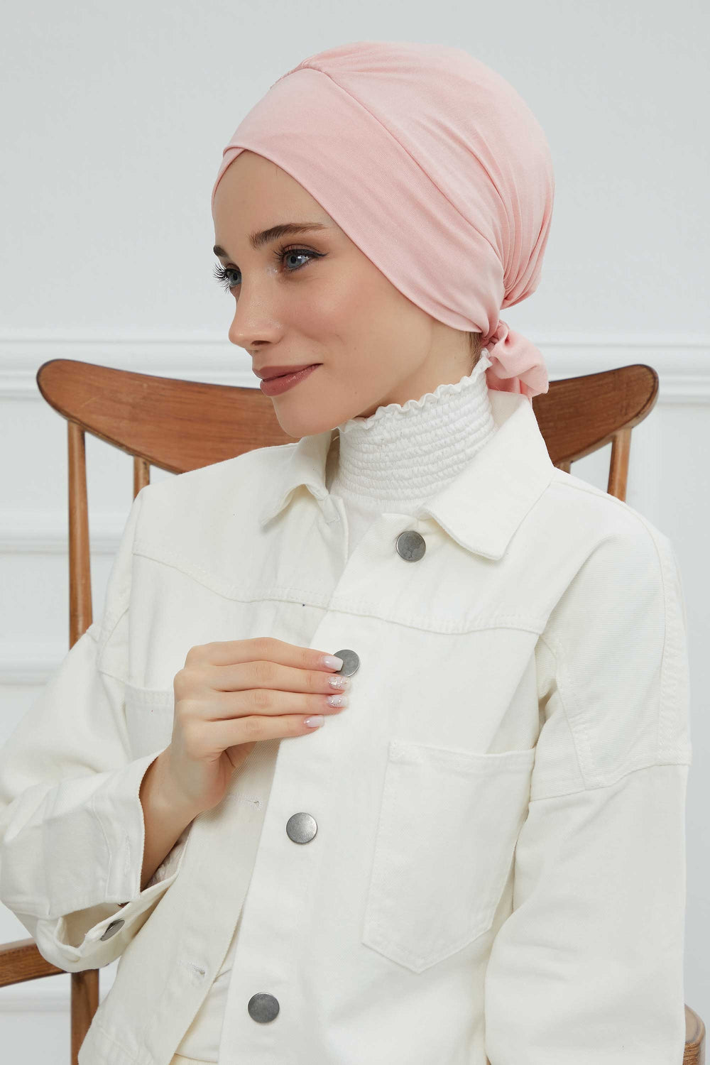 Plain Instant Turban Cotton Scarf Head Wrap, Belted Turban Bonnet for Women, Chic Design Instant Turban Hijab, Plain Chemo Bonnet Cap,B-31 Powder