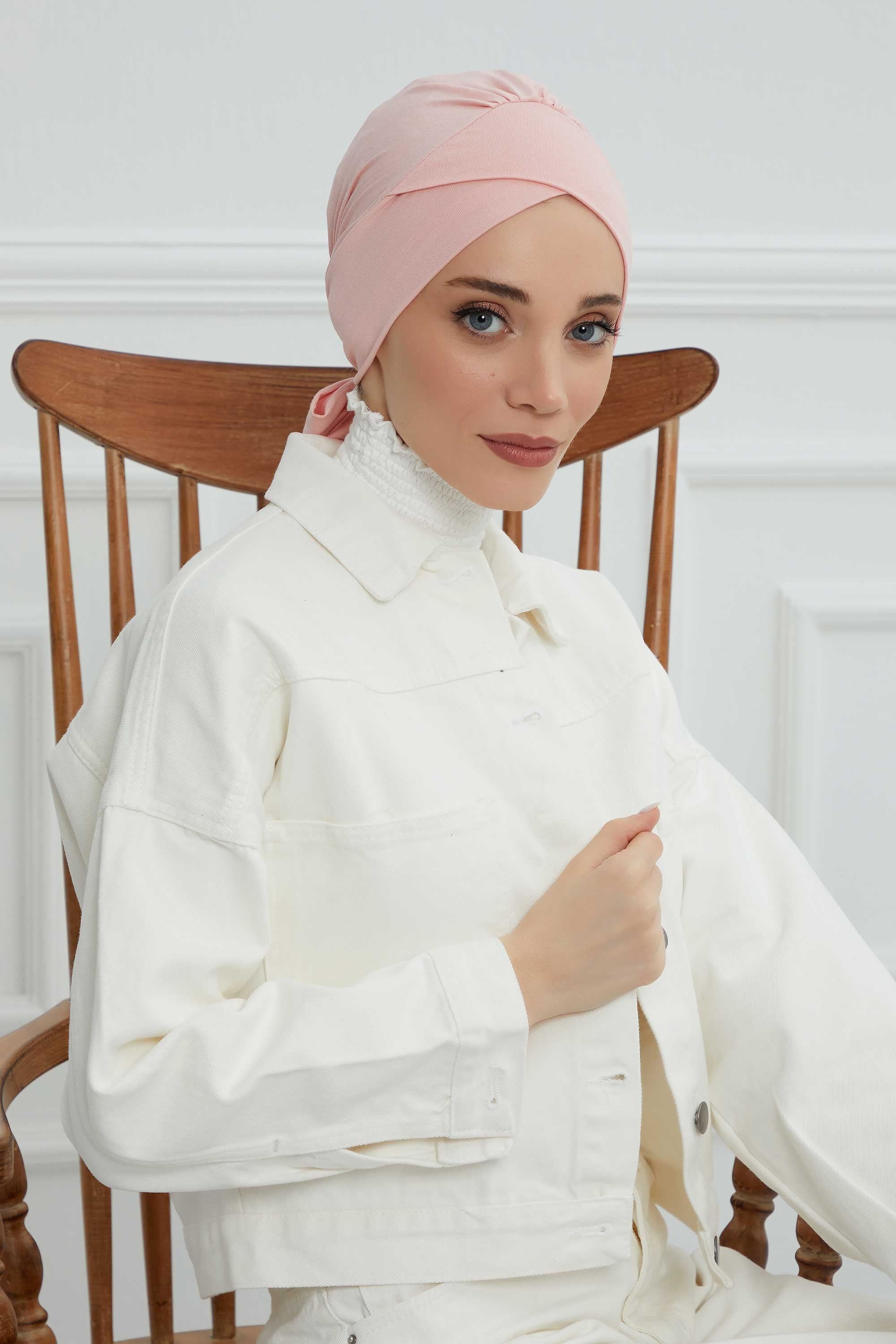 Plain Instant Turban Cotton Scarf Head Wrap, Belted Turban Bonnet for Women, Chic Design Instant Turban Hijab, Plain Chemo Bonnet Cap,B-31 Powder