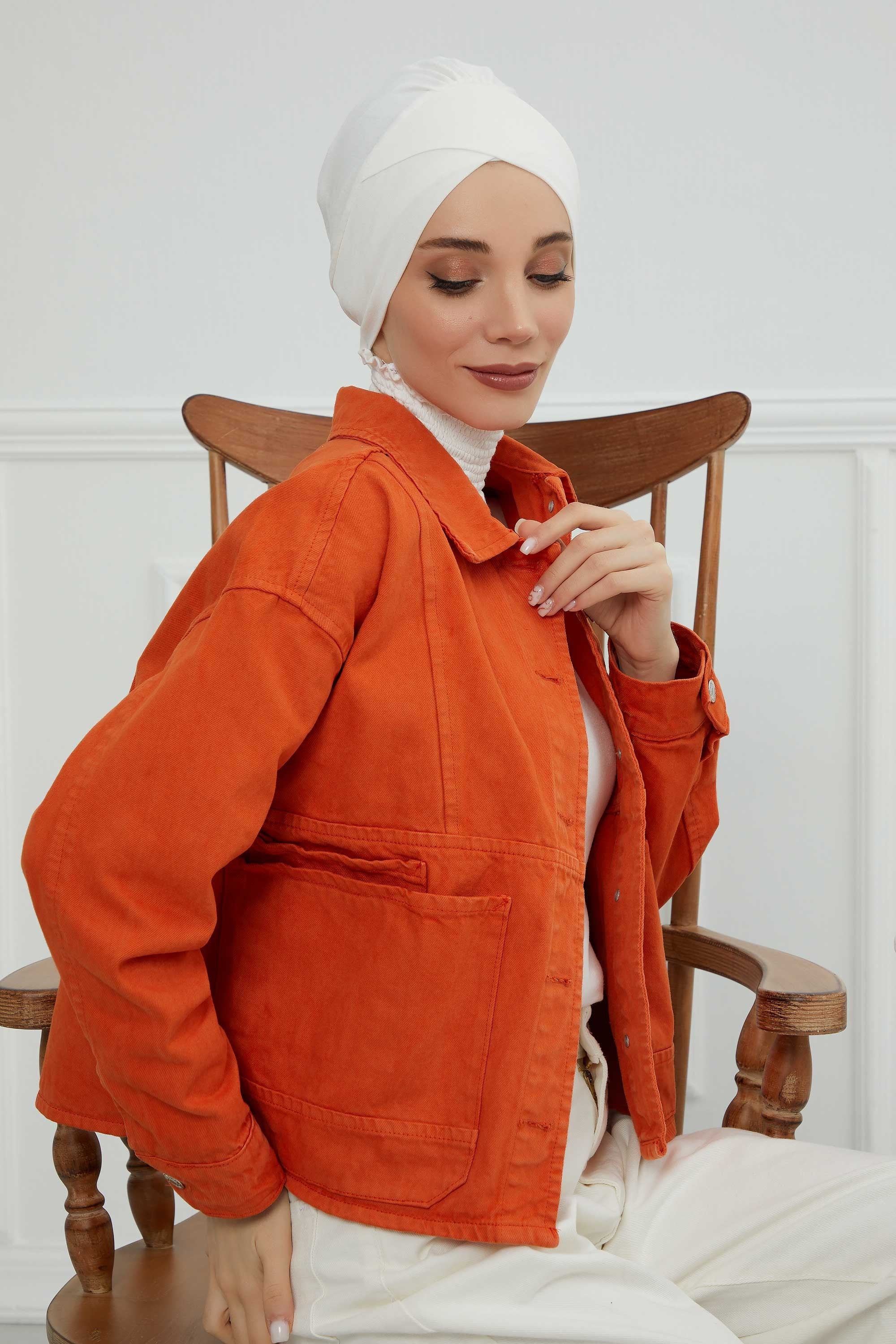 Plain Instant Turban Cotton Scarf Head Wrap, Belted Turban Bonnet for Women, Chic Design Instant Turban Hijab, Plain Chemo Bonnet Cap,B-31 Ivory