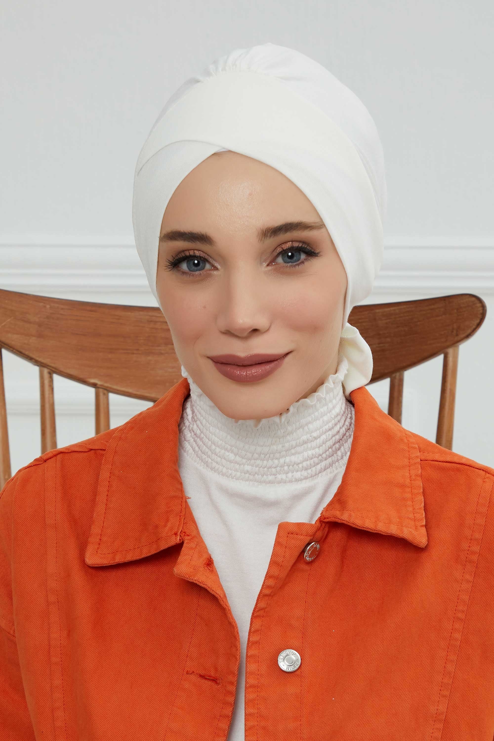 Plain Instant Turban Cotton Scarf Head Wrap, Belted Turban Bonnet for Women, Chic Design Instant Turban Hijab, Plain Chemo Bonnet Cap,B-31 Ivory