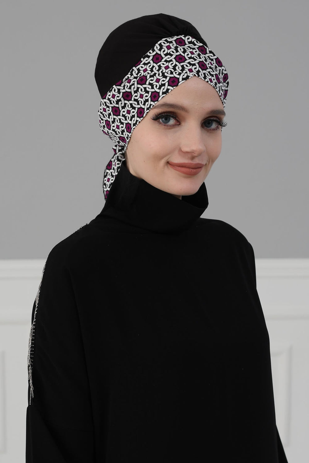 Plain Instant Turban Cotton Scarf Head Wrap, Belted Turban Bonnet for Women, Chic Design Instant Turban Hijab, Plain Chemo Bonnet Cap,B-31 Purple Pattern
