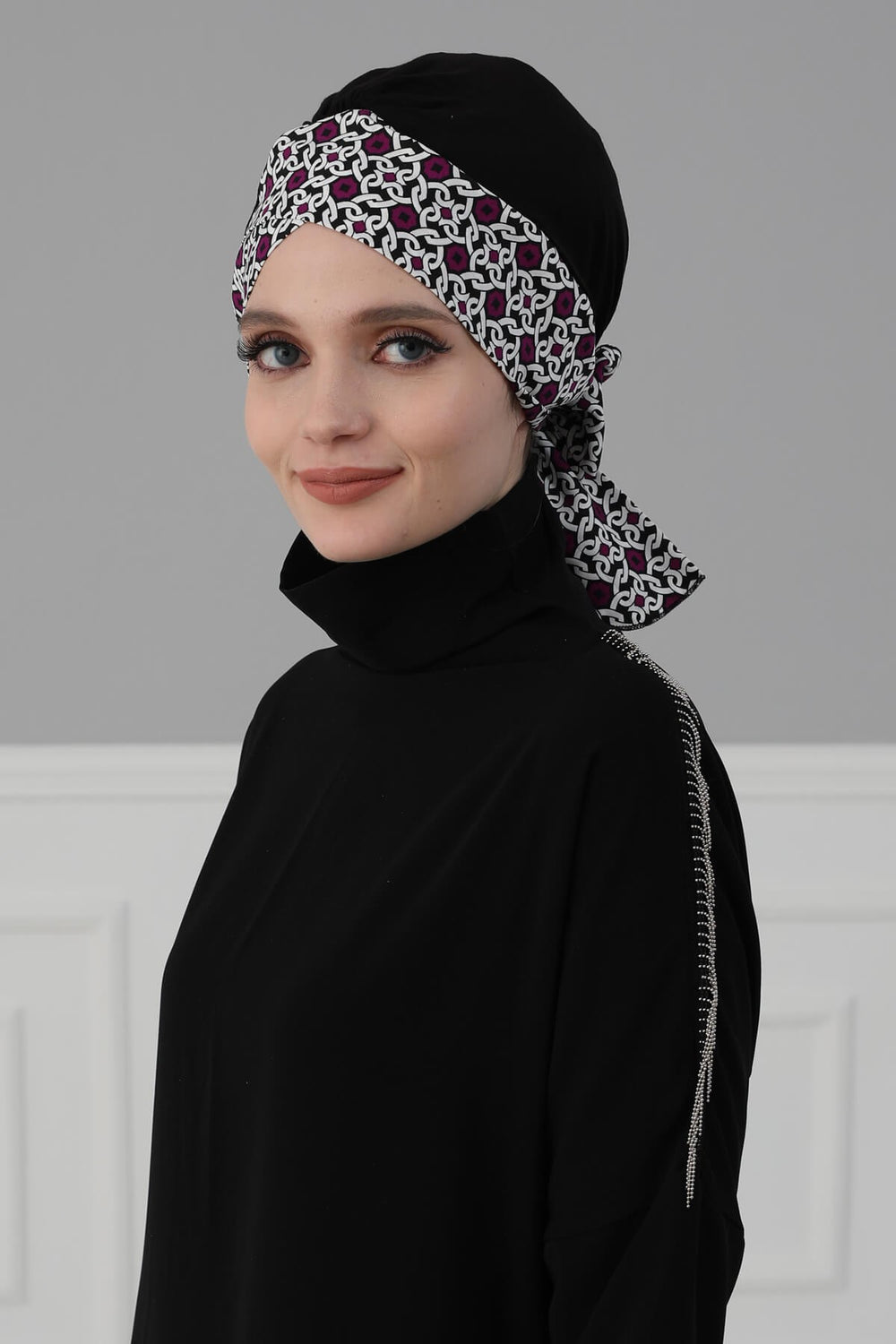 Plain Instant Turban Cotton Scarf Head Wrap, Belted Turban Bonnet for Women, Chic Design Instant Turban Hijab, Plain Chemo Bonnet Cap,B-31 Purple Pattern