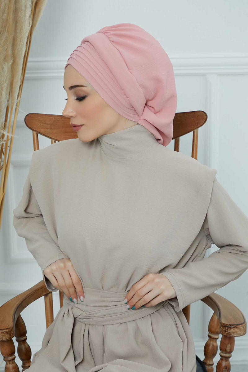 Pleated Aerobin Instant Turban for Women, Pre-Tied Modest Headwrap, Wrinkle-Resistant and Breathable Hijab Cap,HT-108A