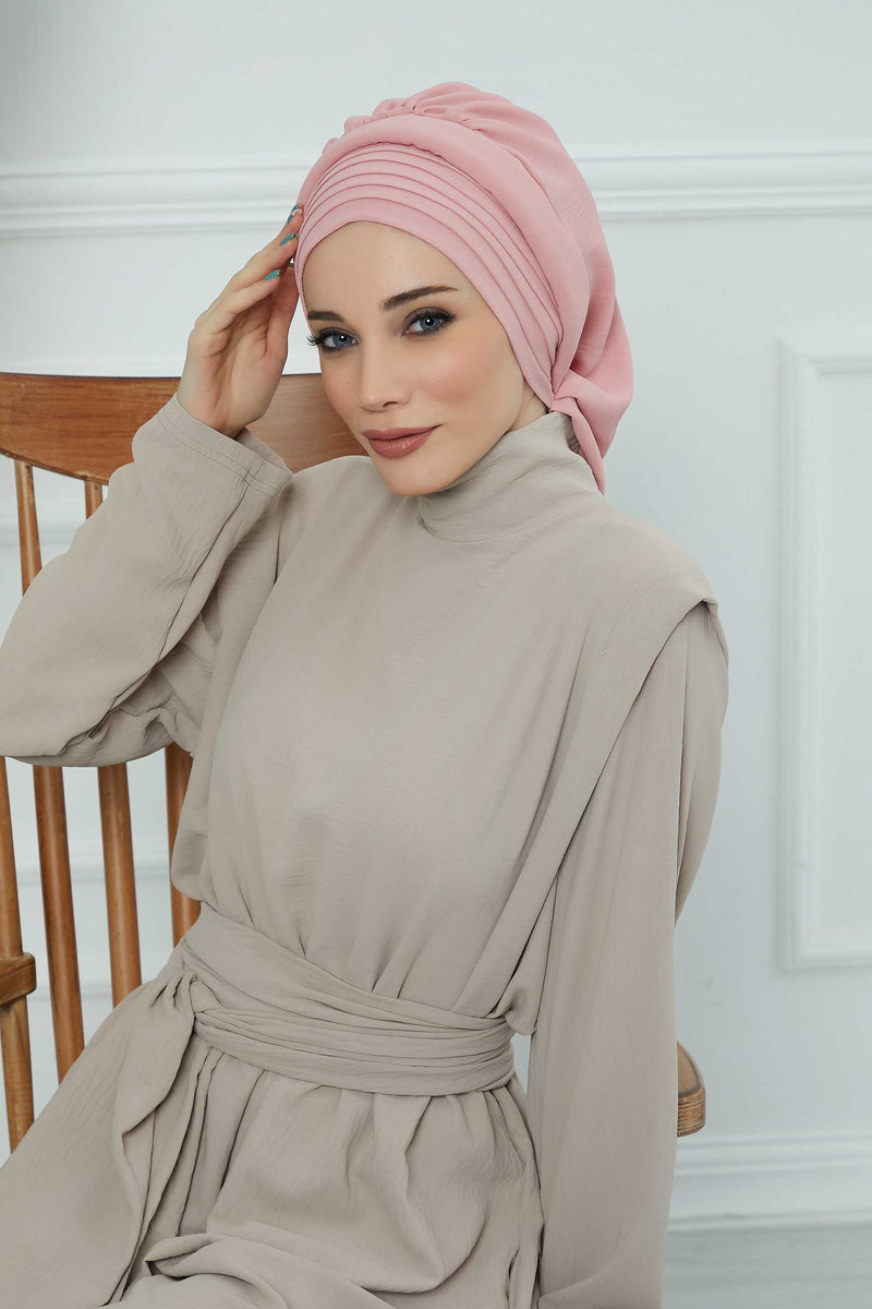 Pleated Aerobin Instant Turban for Women, Pre-Tied Modest Headwrap, Wrinkle-Resistant and Breathable Hijab Cap,HT-108A