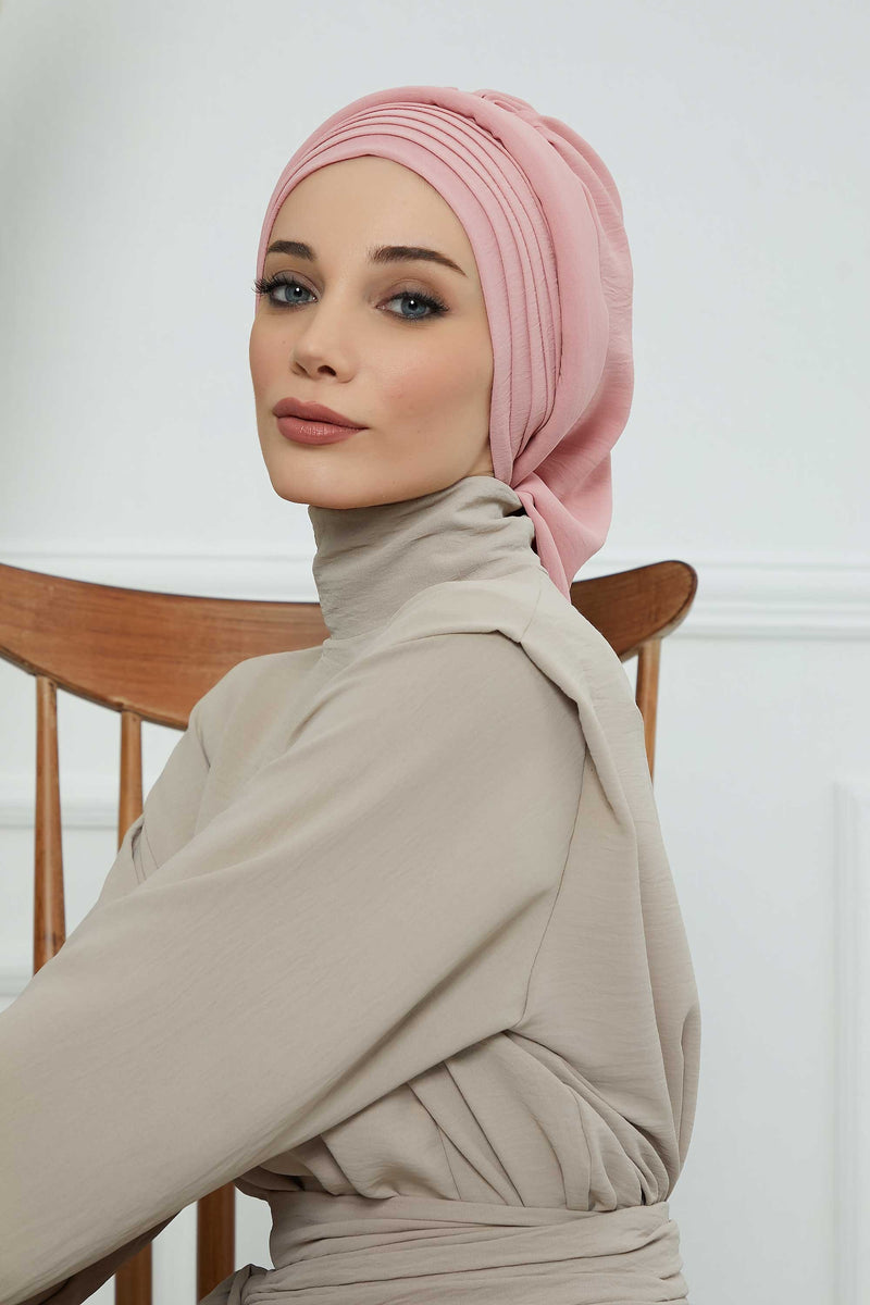 Pleated Aerobin Instant Turban for Women, Pre-Tied Modest Headwrap, Wrinkle-Resistant and Breathable Hijab Cap,HT-108A