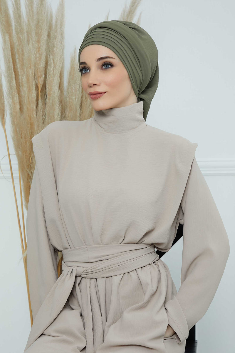 Pleated Aerobin Instant Turban for Women, Pre-Tied Modest Headwrap, Wrinkle-Resistant and Breathable Hijab Cap,HT-108A