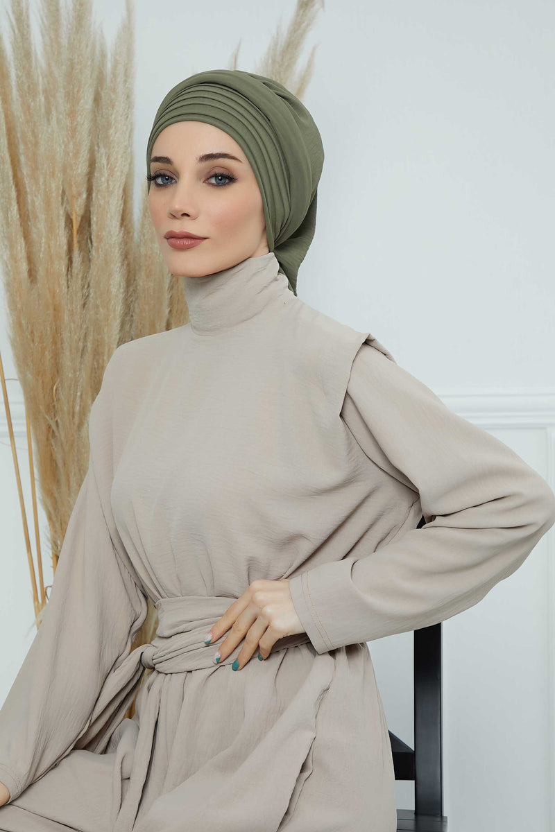 Pleated Aerobin Instant Turban for Women, Pre-Tied Modest Headwrap, Wrinkle-Resistant and Breathable Hijab Cap,HT-108A