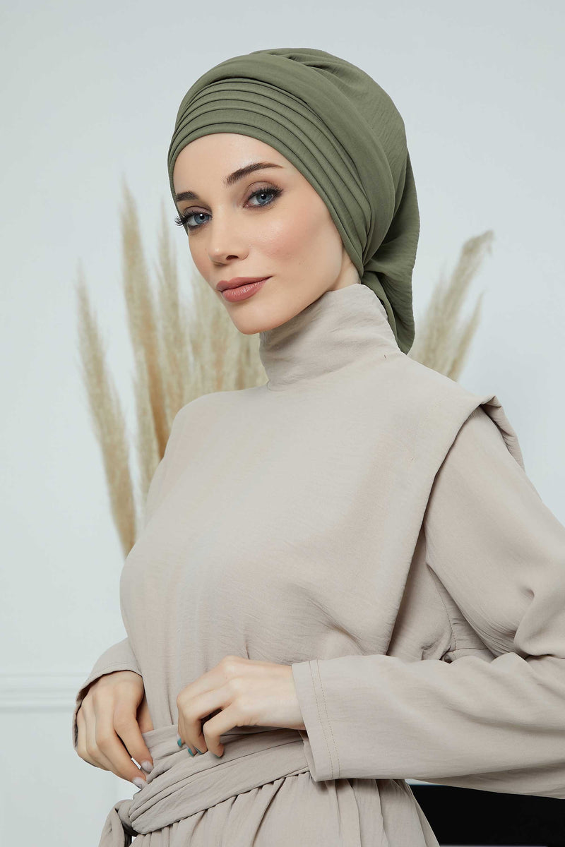 Pleated Aerobin Instant Turban for Women, Pre-Tied Modest Headwrap, Wrinkle-Resistant and Breathable Hijab Cap,HT-108A