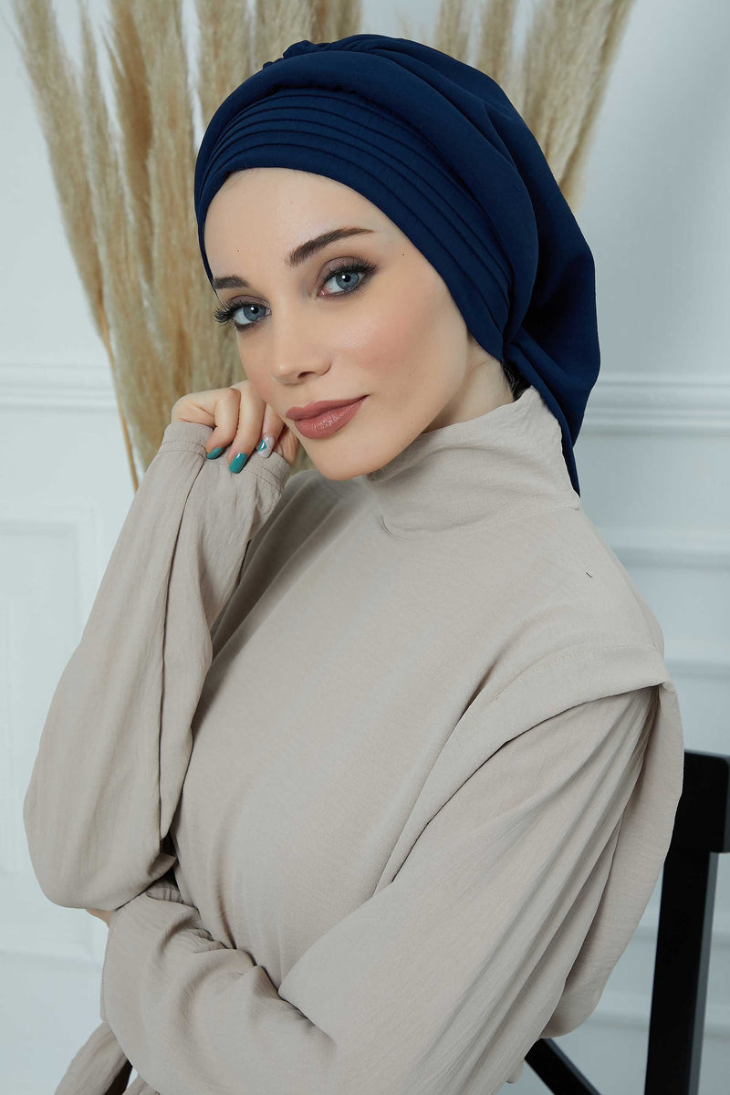 Pleated Aerobin Instant Turban for Women, Pre-Tied Modest Headwrap, Wrinkle-Resistant and Breathable Hijab Cap,HT-108A