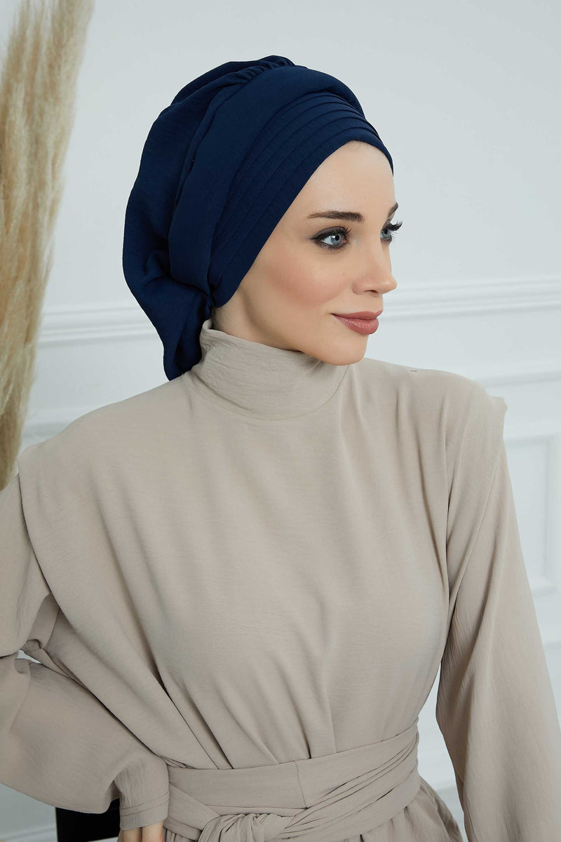 Pleated Aerobin Instant Turban for Women, Pre-Tied Modest Headwrap, Wrinkle-Resistant and Breathable Hijab Cap,HT-108A