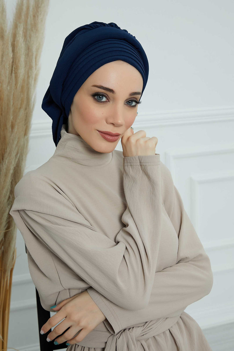 Pleated Aerobin Instant Turban for Women, Pre-Tied Modest Headwrap, Wrinkle-Resistant and Breathable Hijab Cap,HT-108A
