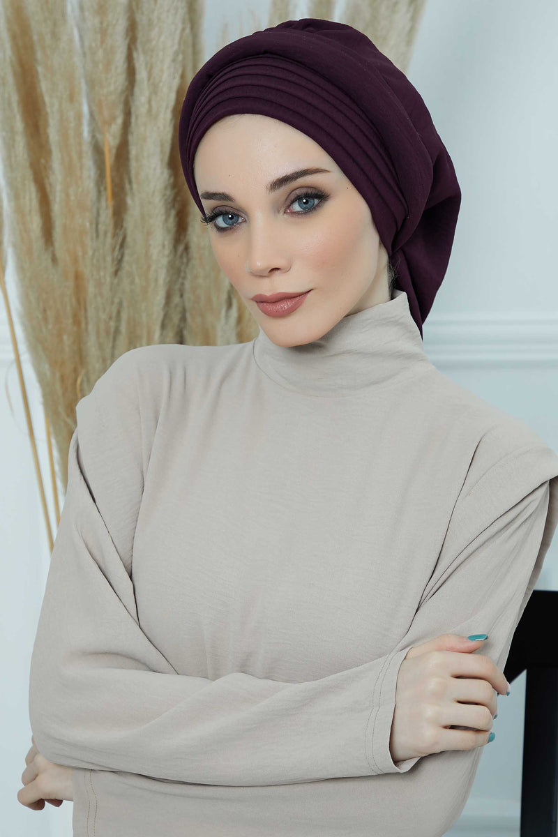 Pleated Aerobin Instant Turban for Women, Pre-Tied Modest Headwrap, Wrinkle-Resistant and Breathable Hijab Cap,HT-108A