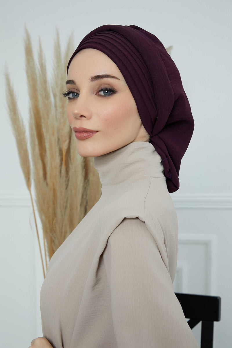 Pleated Aerobin Instant Turban for Women, Pre-Tied Modest Headwrap, Wrinkle-Resistant and Breathable Hijab Cap,HT-108A