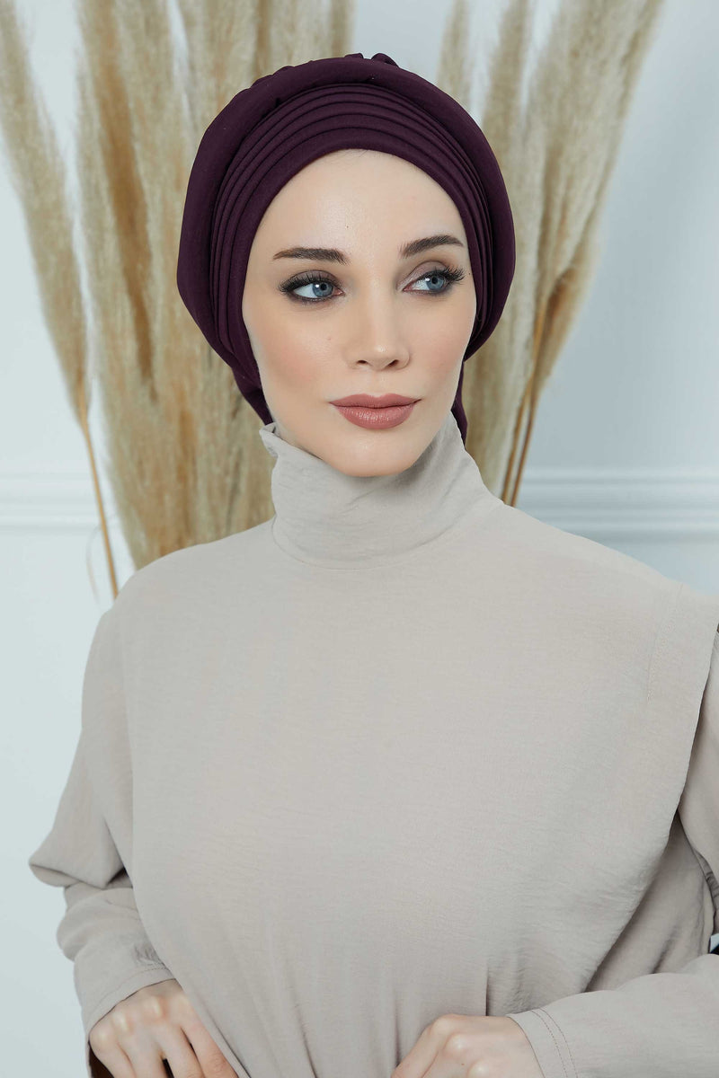 Pleated Aerobin Instant Turban for Women, Pre-Tied Modest Headwrap, Wrinkle-Resistant and Breathable Hijab Cap,HT-108A