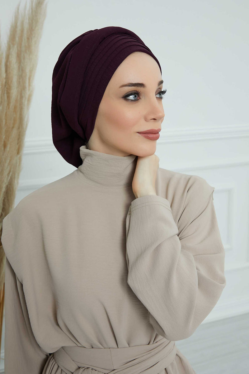 Pleated Aerobin Instant Turban for Women, Pre-Tied Modest Headwrap, Wrinkle-Resistant and Breathable Hijab Cap,HT-108A