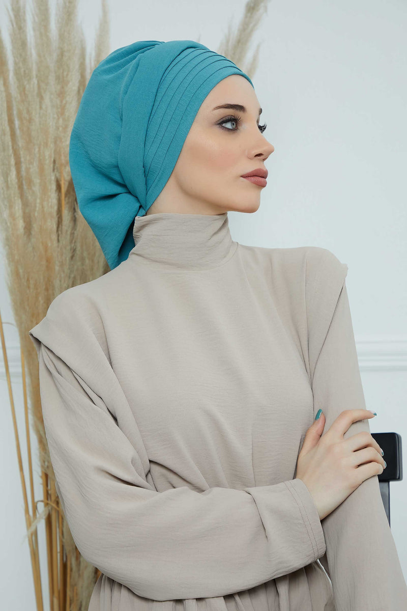 Pleated Aerobin Instant Turban for Women, Pre-Tied Modest Headwrap, Wrinkle-Resistant and Breathable Hijab Cap,HT-108A
