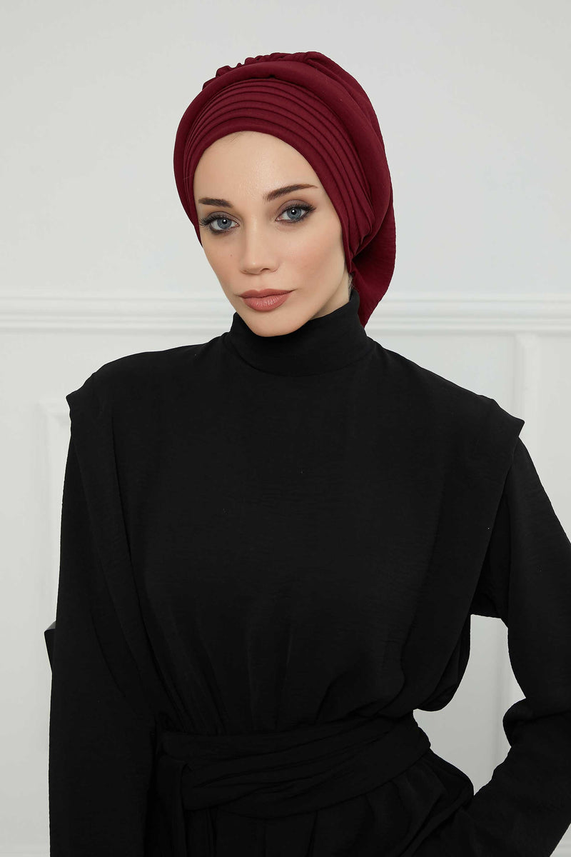 Pleated Aerobin Instant Turban for Women, Pre-Tied Modest Headwrap, Wrinkle-Resistant and Breathable Hijab Cap,HT-108A