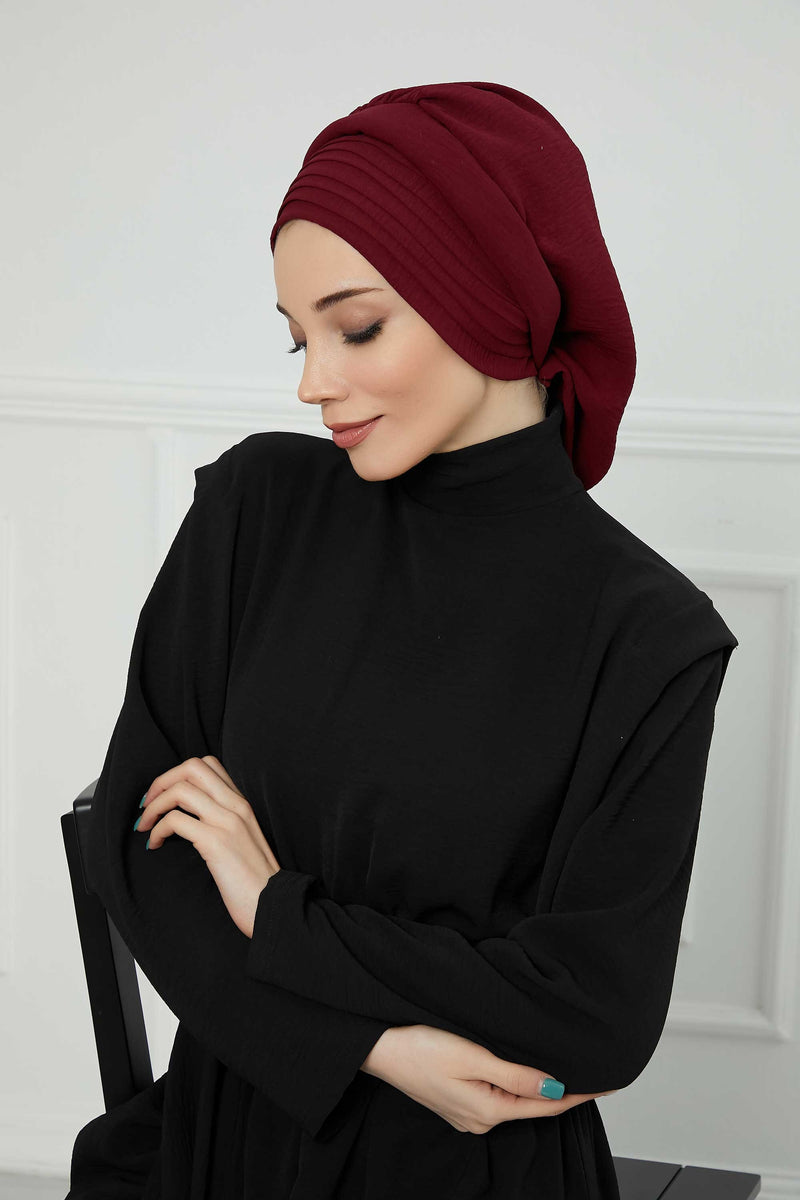 Pleated Aerobin Instant Turban for Women, Pre-Tied Modest Headwrap, Wrinkle-Resistant and Breathable Hijab Cap,HT-108A