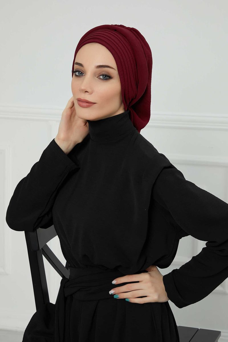 Pleated Aerobin Instant Turban for Women, Pre-Tied Modest Headwrap, Wrinkle-Resistant and Breathable Hijab Cap,HT-108A