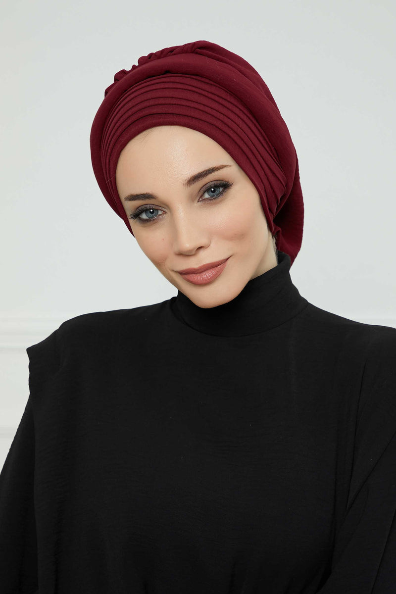 Pleated Aerobin Instant Turban for Women, Pre-Tied Modest Headwrap, Wrinkle-Resistant and Breathable Hijab Cap,HT-108A