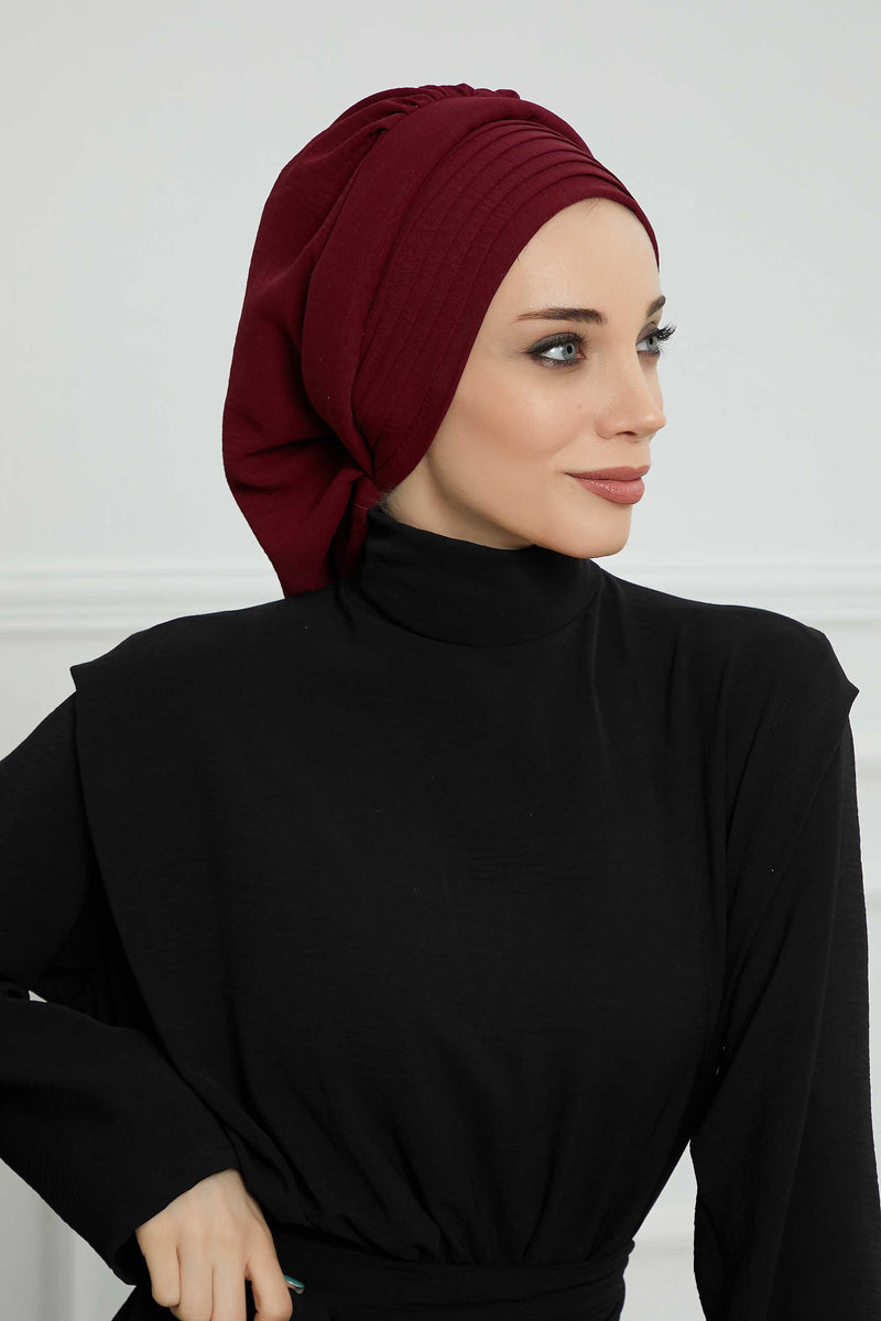 Pleated Aerobin Instant Turban for Women, Pre-Tied Modest Headwrap, Wrinkle-Resistant and Breathable Hijab Cap,HT-108A
