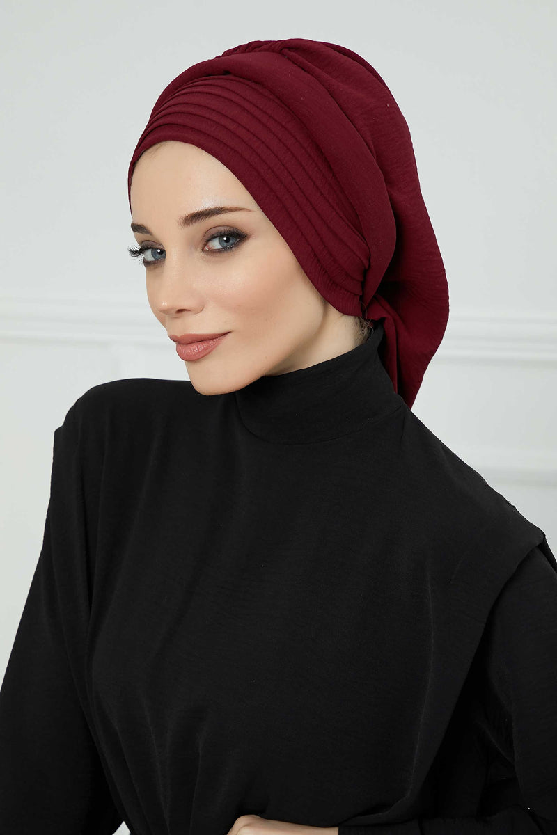 Pleated Aerobin Instant Turban for Women, Pre-Tied Modest Headwrap, Wrinkle-Resistant and Breathable Hijab Cap,HT-108A