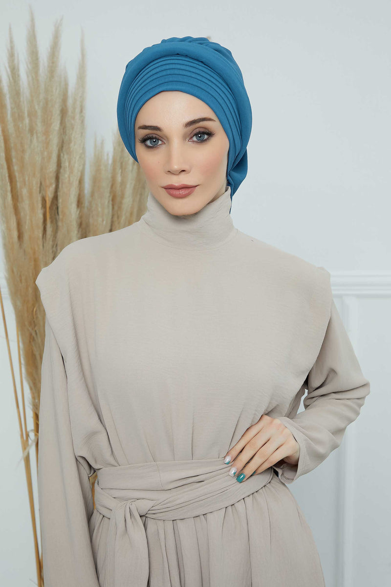 Pleated Aerobin Instant Turban for Women, Pre-Tied Modest Headwrap, Wrinkle-Resistant and Breathable Hijab Cap,HT-108A