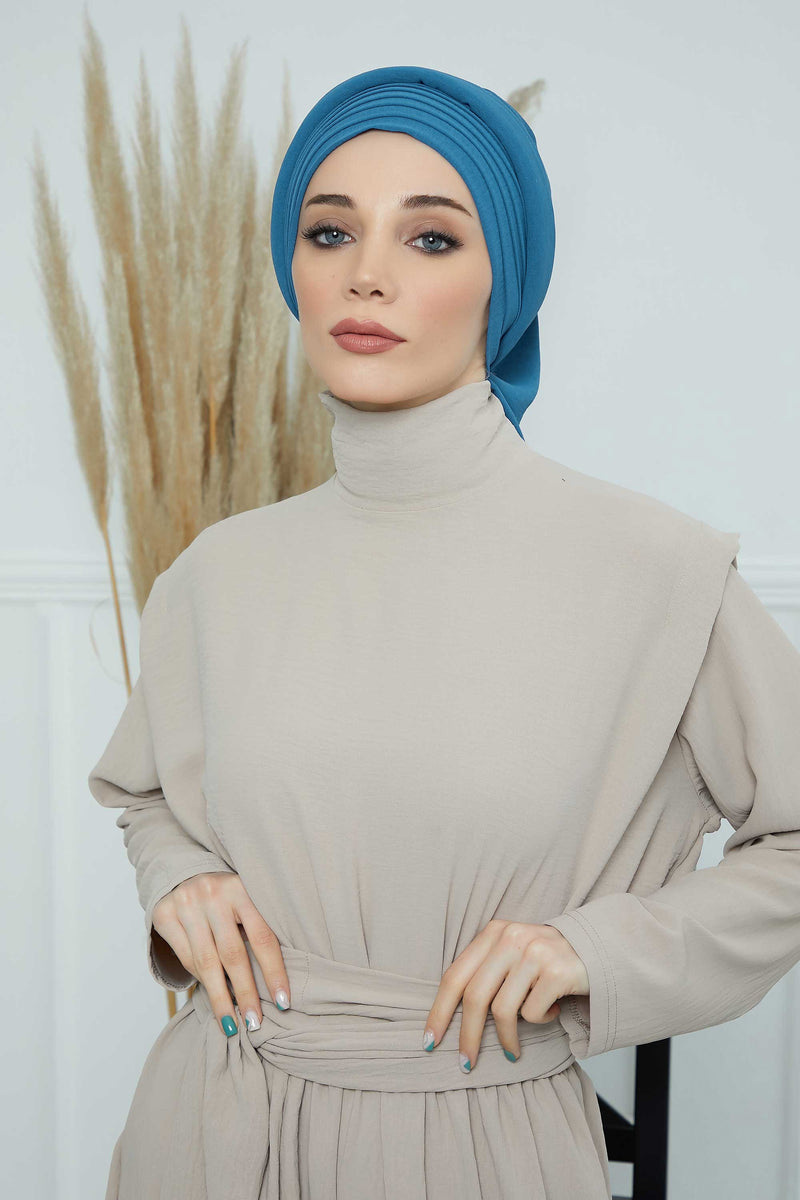 Pleated Aerobin Instant Turban for Women, Pre-Tied Modest Headwrap, Wrinkle-Resistant and Breathable Hijab Cap,HT-108A