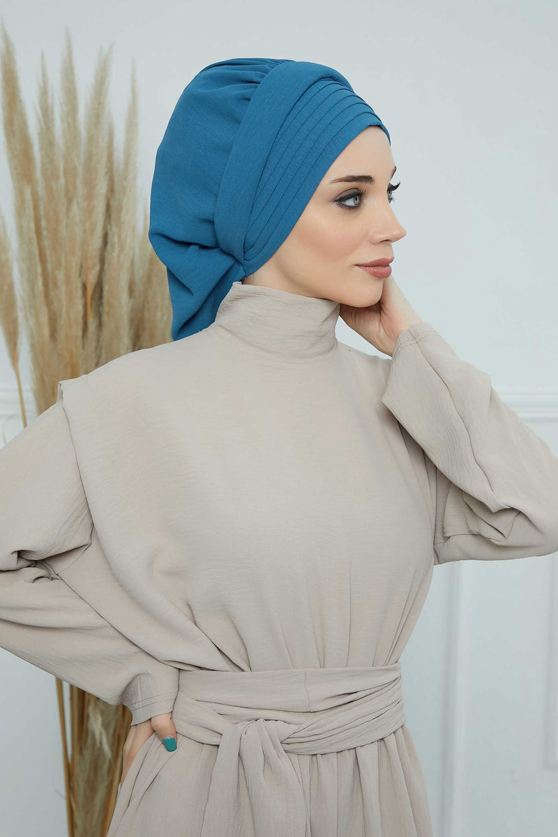 Pleated Aerobin Instant Turban for Women, Pre-Tied Modest Headwrap, Wrinkle-Resistant and Breathable Hijab Cap,HT-108A