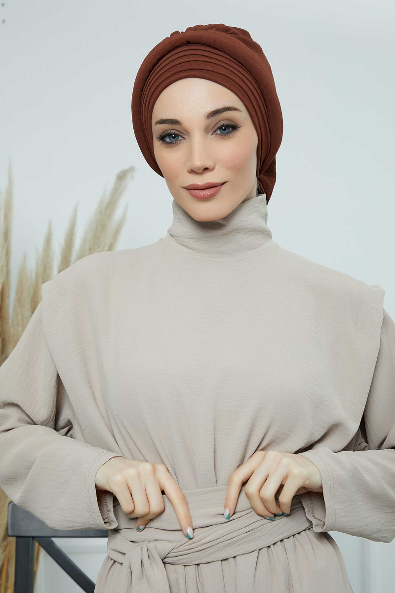 Pleated Aerobin Instant Turban for Women, Pre-Tied Modest Headwrap, Wrinkle-Resistant and Breathable Hijab Cap,HT-108A